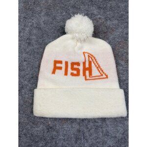 Vintage 70s Retro Knit Cuffed Knit Pom-Pom Beanie Winter Hat Advertising Fish